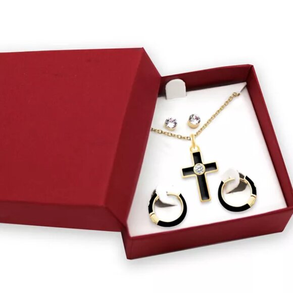 Black Cross Crystal Enamel Necklace and Earring for everyday wear Set, 3-Piece - Picture 4 of 5